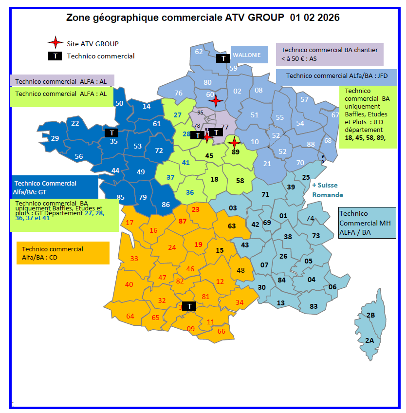 Carte des secteurs technico-commerciaux